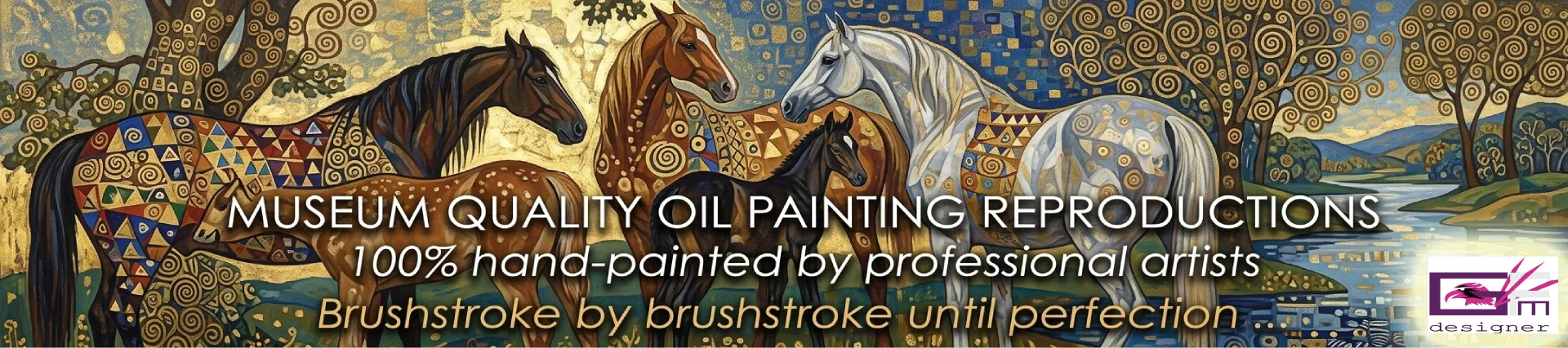 Classical oil painting of horses in a wooded landscape with detailed trees and soft lighting.